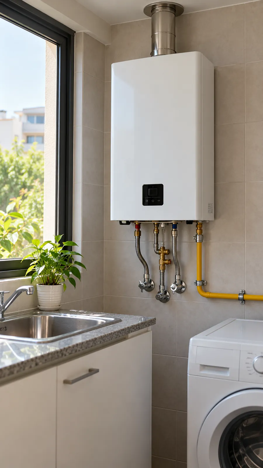 Calefón con conexiones de gas y agua instalado en un lavadero