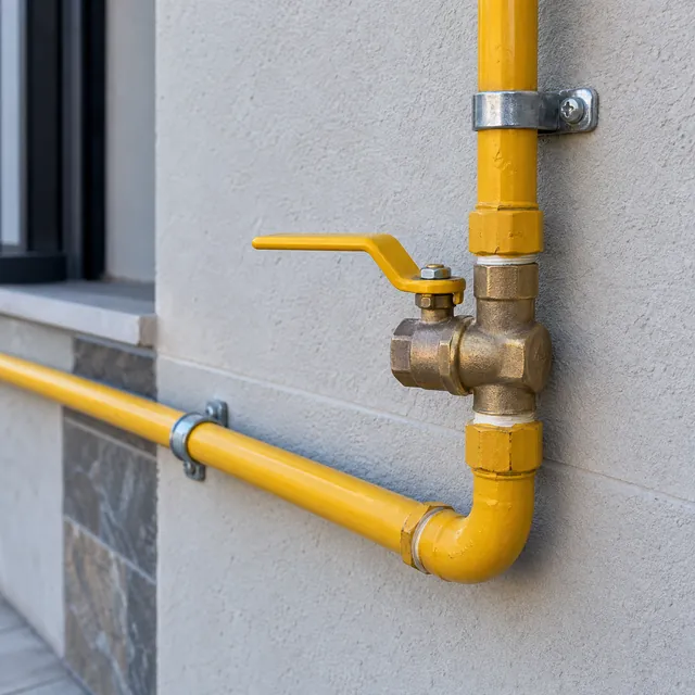 Cañería de gas amarilla con llave de paso sobre una pared
